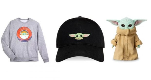 Grogu from The Mandalorian on sweatshirts, hats, and plush—perfect collectibles for Star Wars fans at Galaxy’s Edge.