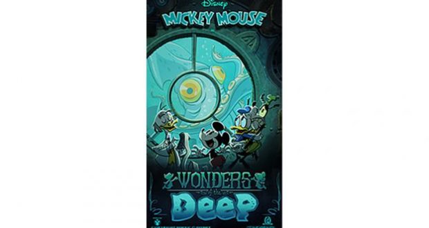 Animated Wonders of Deep poster: Mickey & Minnie from Runaway Railway explore underwater, marveling at a giant eye outside their sub.