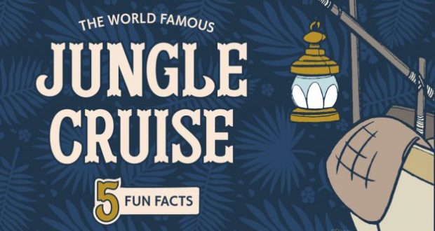 Graphic with "The World Famous Jungle Cruise: 5 Fun Facts" alongside a lantern and lush leaves, evoking the Disney attraction.