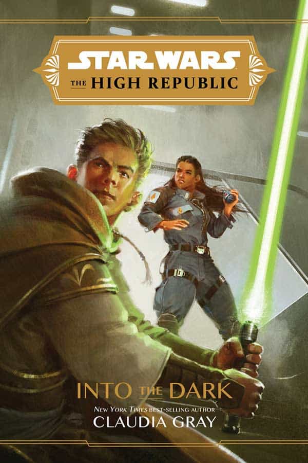 Jedi ignite lightsabers on the cover of "Star Wars: The High Republic – Into the Dark," capturing Star Wars adventure magic.