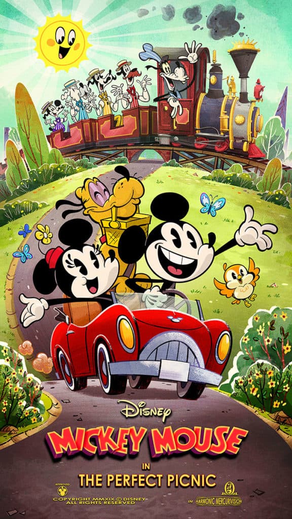 Mickey and friends cruise in a red car, grinning amid vibrant Runaway Railway scenes with a train and sun at Hollywood Studios.