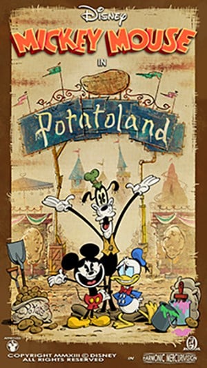 Mickey, Goofy, and Donald smile in front of the Potatoland sign at Disney’s Hollywood Studios, celebrating Runaway Railway fun.