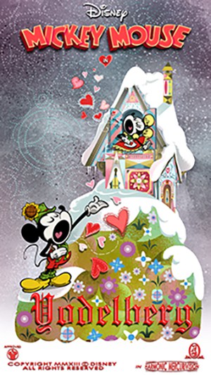 Mickey Mouse yodels outside a snowy chalet with hearts, flowers, and “Yodelberg” in this Disney’s Hollywood Studios poster.