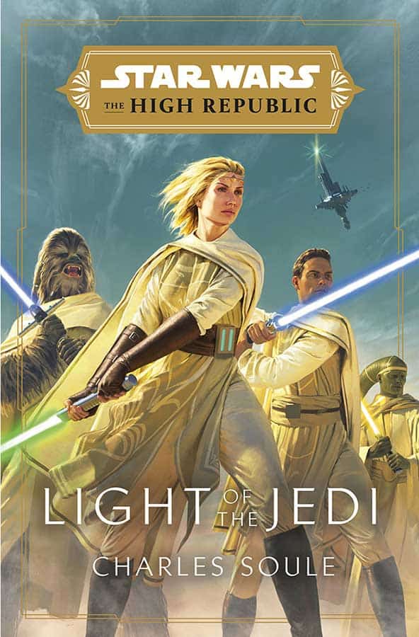 Jedi brandish glowing lightsabers under a starry sky and spaceship on The High Republic cover, spotlighting Star Wars adventures.