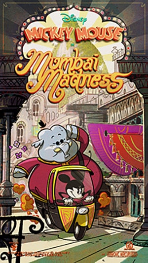 Mickey Mouse zooms through a lively, animated Mumbai street on a scooter with a white elephant, in Disney’s vibrant poster style.