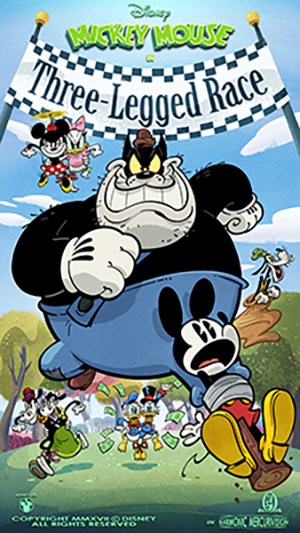 Mickey Mouse leads a lively three-legged race with his friends at Disney’s Hollywood Studios, racing ahead with determination.