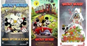 Three vibrant Mickey & Minnie posters showcasing park-inspired adventures, celebrating Runaway Railway at Disney’s Hollywood Studios.
