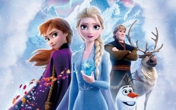 Anna, Elsa, Kristoff, Sven, and Olaf from Frozen gather with snowy peaks behind them—experience their magic at Disney Parks.