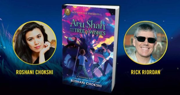 Aru Shah and the Tree of Wishes cover with Roshani Chokshi and Rick Riordan, great for storytelling fans and author meetups.