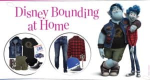 Ian and Barley from Onward stand by DisneyBound-inspired outfit flatlays, with "Disney Bounding at Home" in the background.