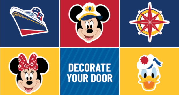 Disney Cruise icons featuring the ship, Mickey, Minnie, and Donald Duck with “DECORATE YOUR STATEROOM DOOR – FAN CHALLENGE” text.
