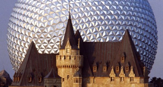 Cinderella Castle rises before EPCOT’s iconic geodesic dome, symbolizing Disney World magic since its 1982 debut.