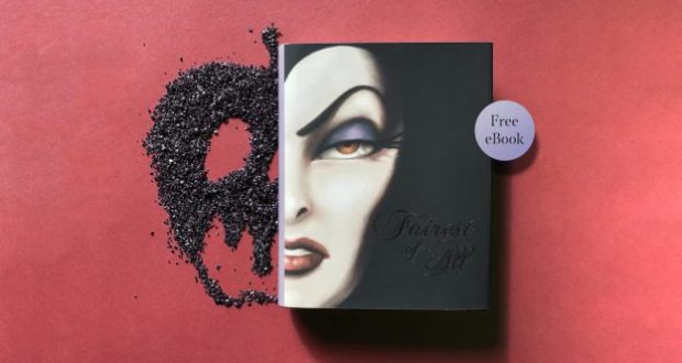The Evil Queen graces a book cover atop red paper, next to a skull in black glitter—spellbinding for Disney Villains fans.
