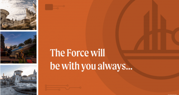 Star Wars ships soar as orange text declares, "The Force will be with you always..." at Star Wars: Galaxy’s Edge sunrise.
