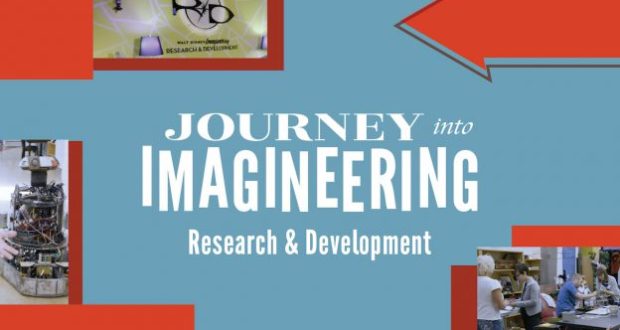 Vibrant blue graphic with red arrows, "Journey into Imagineering R&D – Part 4," Disney virtual tour sneak peeks and photos.