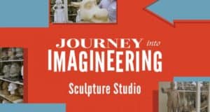 Red graphic reading "Journey into Imagineering Sculpture Studio: Part 2" with Disney sculptures and statue visuals, virtual tour sneak peek.