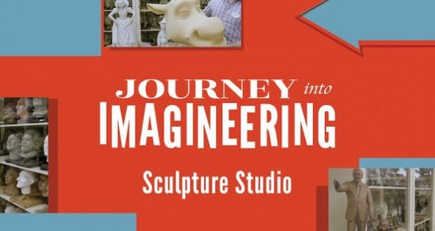 Red graphic reading "Journey into Imagineering Sculpture Studio: Part 2" with Disney sculptures and statue visuals, virtual tour sneak peek.