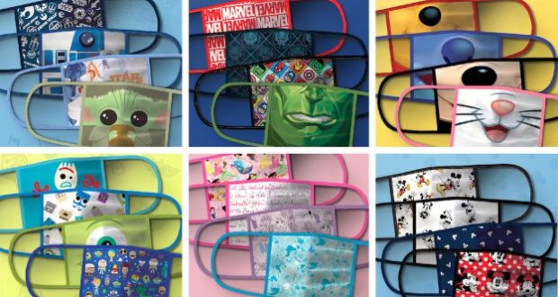 A grid of vibrant Disney face masks featuring beloved park characters and superheroes, perfect for magical themed family outings.