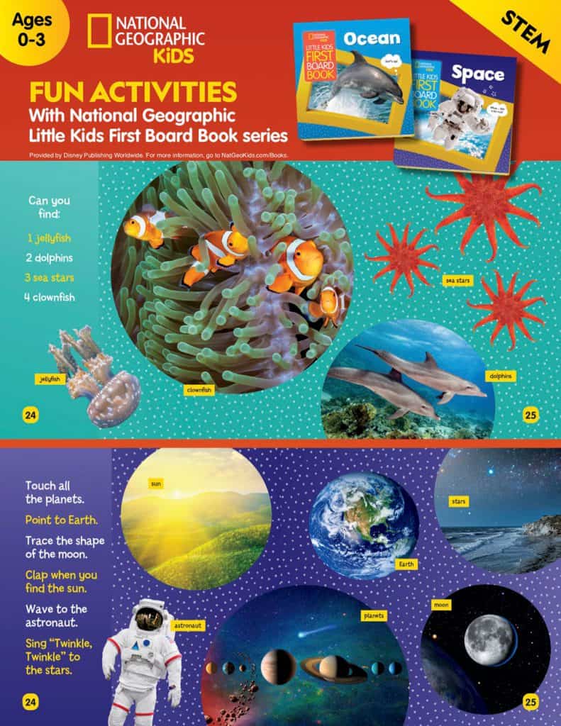 STEM adventure page for kids featuring ocean creatures and planets, like an interactive science exhibit at a family theme park.