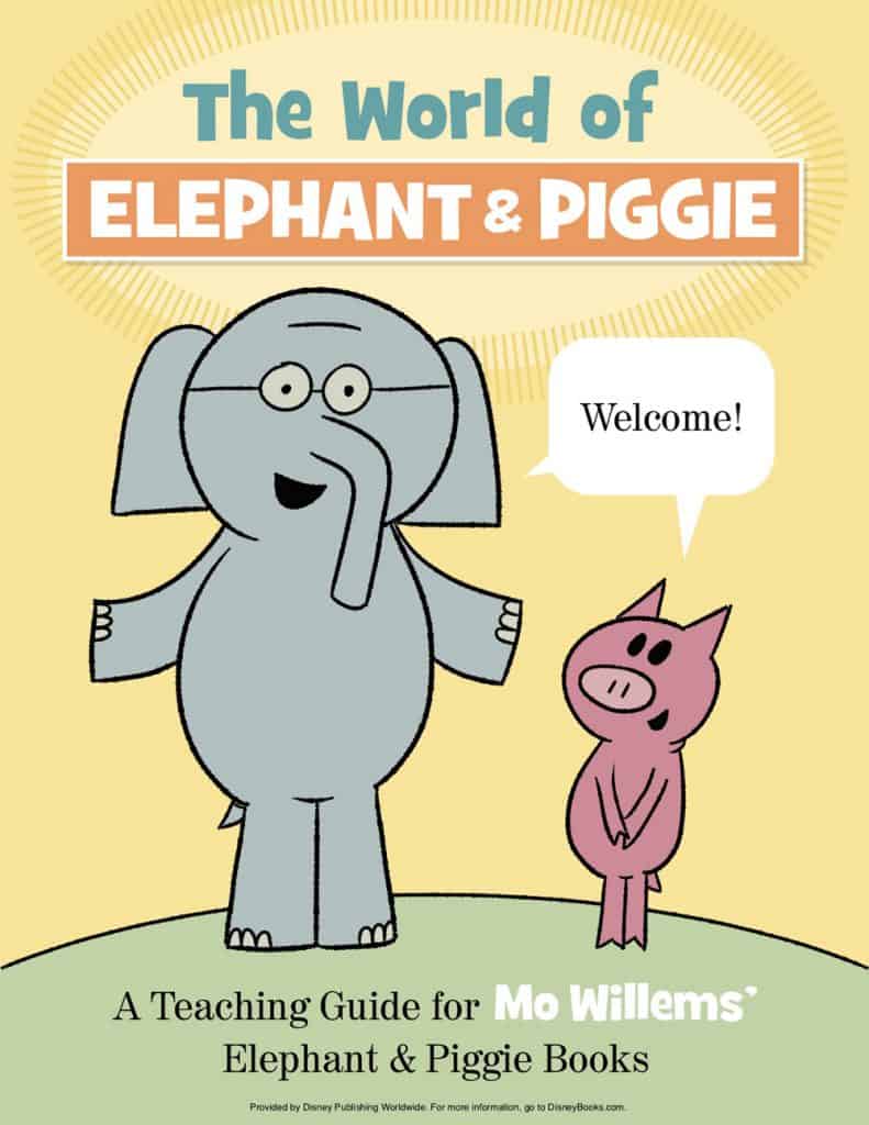 Elephant and Piggie greet guests with big smiles as Piggie announces "Welcome!" on a book cover styled like Pixar attractions.
