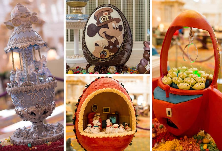 Disney-themed chocolate egg sculptures, featuring favorite characters and intricate designs, dazzle guests at Walt Disney World.