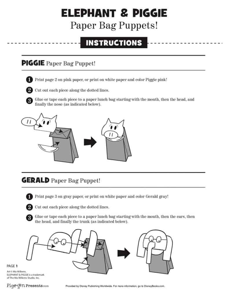 Step-by-step guide with illustrations for crafting Elephant and Piggie paper bag puppets, ideal for Disney Park fans & creatives.