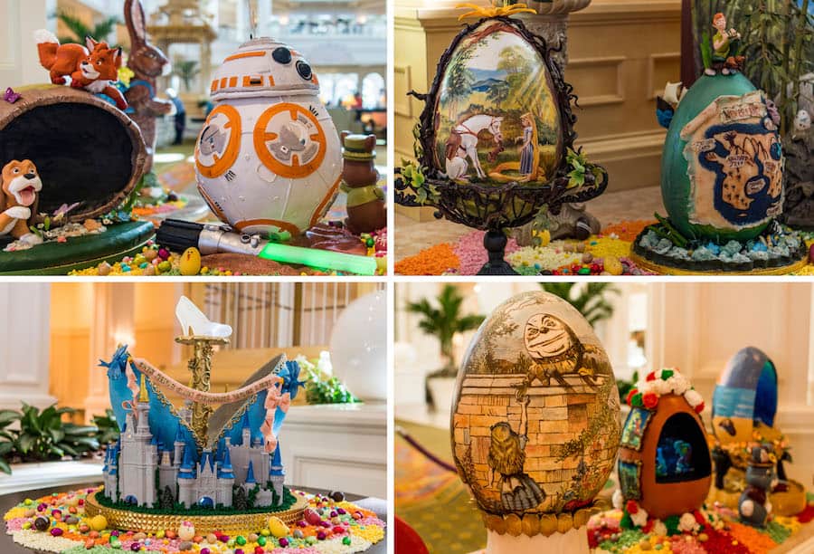 Disney-themed Easter eggs, intricately decorated, sit atop vibrant candy displays at Walt Disney World's festive egg showcase.