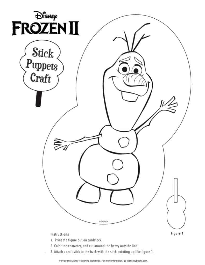 Frozen II Olaf stick puppet craft sheet with cut-out lines and DIY steps—ideal for Disney Parks fans and Frozen-themed fun at home.
