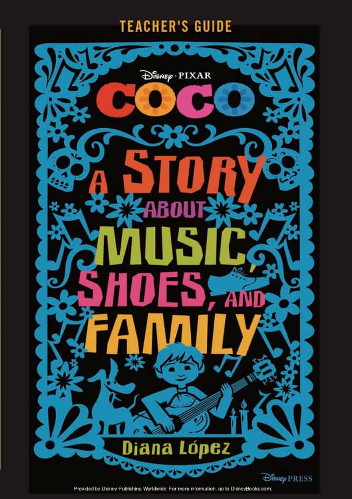 Pixar’s Coco teacher guide cover featuring Miguel playing guitar, with highlights on music, family, and classroom-ready activity sheets.