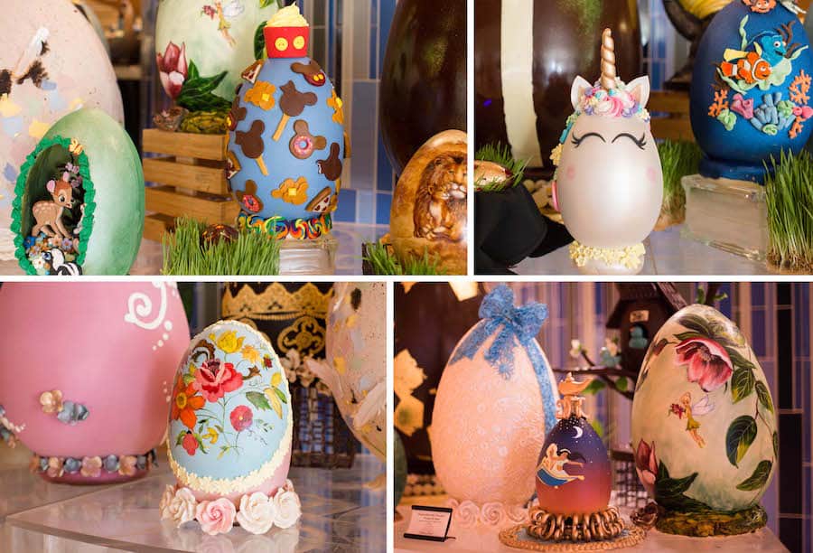 Whimsical Easter eggs featuring Disney characters and vibrant patterns, showcased for a magical Walt Disney World egg display tour.