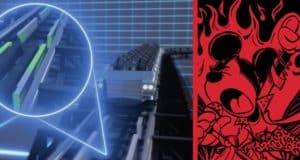Rock ‘n’ Roller Coaster car speeds along the track beside bold, red-and-black screaming face art, capturing pure thrill.