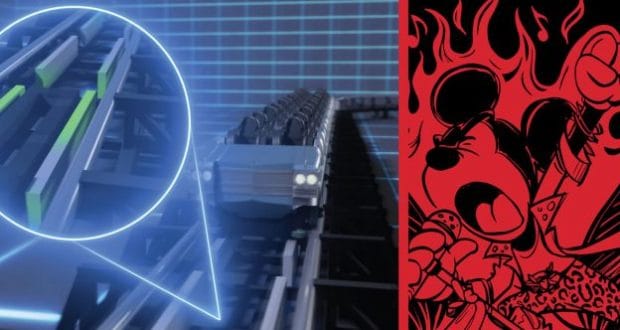 Rock ‘n’ Roller Coaster car speeds along the track beside bold, red-and-black screaming face art, capturing pure thrill.