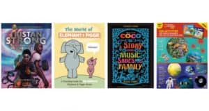 Four lively Disney kids' book covers line up with fun park-style artwork and bonus activity sheets for magical family entertainment.