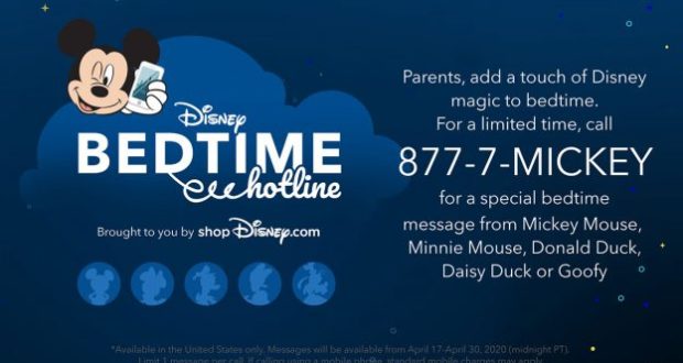 Disney-themed ad features Mickey Mouse inviting families to call the Bedtime Hotline for a magical nighttime experience.