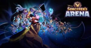 Mickey Mouse and beloved Disney & Pixar heroes unite for an epic clash in Disney Sorcerer’s Arena, beneath its glowing logo.