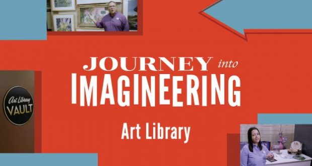 Red graphic featuring "Journey into Imagineering Art Library," photos of Disney Imagineers, and the iconic Art Library Vault sign.