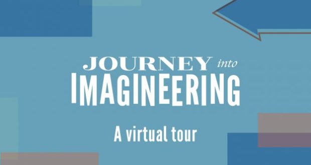 Blue graphic announces "Journey into Imagineering: A Virtual Tour" with a bold arrow, channeling Disney Imagineering magic.