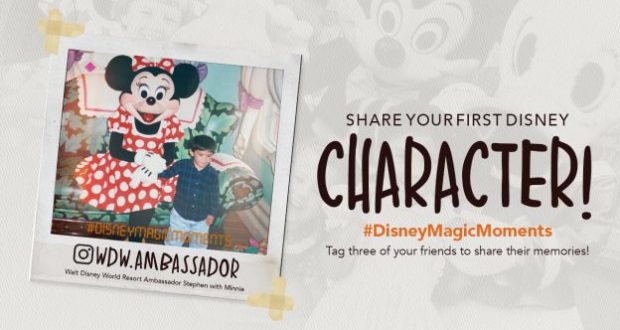 A young guest smiles beside Minnie Mouse in her signature polka dot dress, as “Share Your First Disney Character Challenge!” appears.