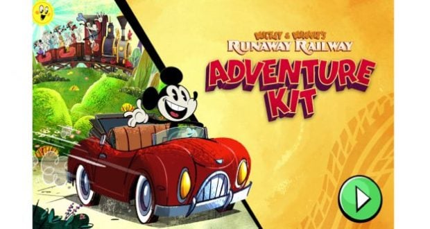 Mickey Mouse steers a red car past a train from Mickey & Minnie's Runaway Railway, with "Adventure Kit" on bright yellow.