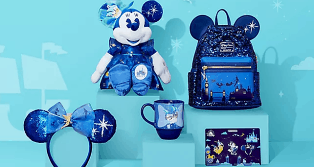 Step into the magic with the Peter Pan’s Flight Main Attraction series: Minnie plush, backpack, ears, mug, and pins on blue.