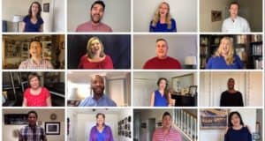 The Voices of Liberty ensemble performs "America the Beautiful" virtually, each member at home, in a joyful on-screen grid.