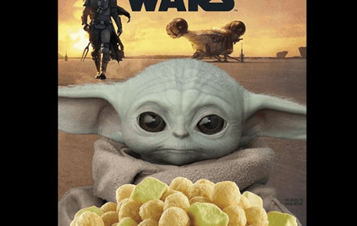 Star Wars Mandalorian cereal box showcasing Grogu and the Mandalorian in a summer Tatooine scene, ready for fans at Galaxy’s Edge.