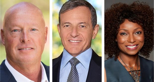 Three Disney Cast Members, smiling in professional portraits with unique backdrops, embody the unity of a heartfelt company message.