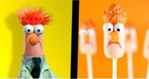 Left: Beaker from The Muppets. Right: Beaker-themed cake pops, orange backdrop—perfect for a Muppet fan celebration.
