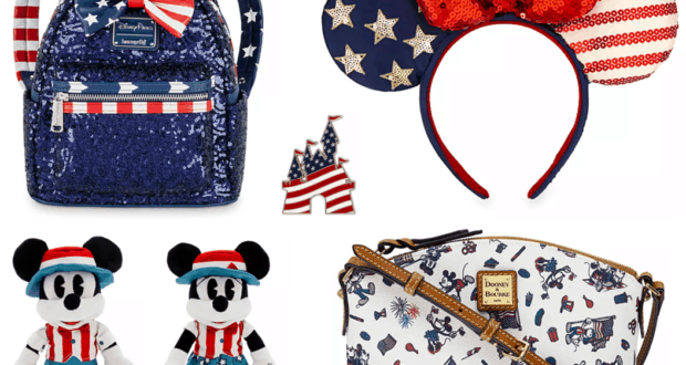 Celebrate at Disney Parks with Americana Collection merch: sequined backpack, Minnie ears, purse, and Mickey & Minnie plush.