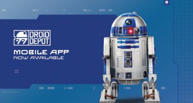 R2-D2 droid and "Droid Depot App Now Available" text on a blue tech background, capturing Star Wars: Galaxy’s Edge magic at home.