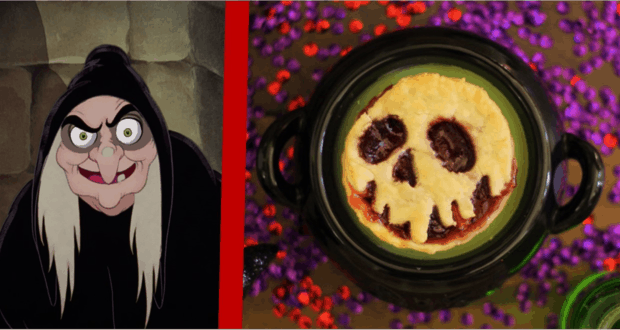 Left: The Wicked Witch greets guests. Right: Evil Queen’s Poison Apple Pie, topped with a skull, sits amid festive confetti.