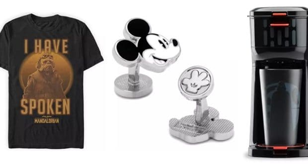 Mandalorian tee, Mickey Mouse cufflinks, and black coffee maker—exciting shopDisney Father’s Day finds for Disney fans.