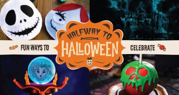 Collage of Halloween treats, a haunted mansion, and “Halfway to Halloween” text—perfect for Disney Parks frightful fun at home.