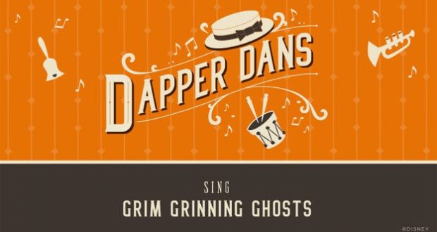 Vibrant orange graphic with "Dapper Dans," musical icons, and "Sing Grim Grinning Ghosts"—capturing this Main Street quartet.